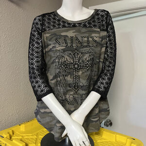 Nwt Women’s Top Large Camouflage Lace 3/4 Sleeve Saints Sinners Liberty Wear